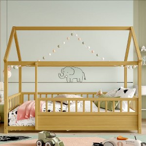 CAVINAS Pine Wood House Floor Bed, Kids Platform Bed Frame, High Fence Safety Bed with Roof, Classic Twin Size Toddler Bed/Child Bed, Easy Assembly - 1 of 4