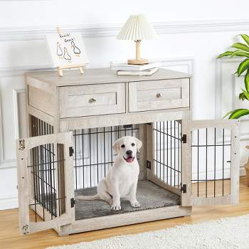 Large Dog Crate Furniture with 3 Doors, 2 Drawers, and Cushion, Wooden Dog House Kennel for Medium/Large Dogs