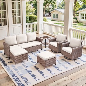 Buenhomino 6-Piece Patio Rocking Swivel Chair Outdoor Wicker Rattan Bistro Set with Tempered Glass Side Table for Garden, Deck, and Balcony, Sand - 1 of 4