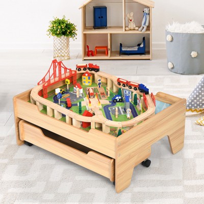 Safstar Kids Wooden Train Track Railway Set Table w/100 Pieces Storage Drawer