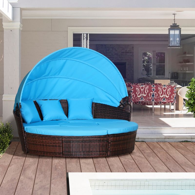 Outdoor Patio Round Daybed with Retractable Canopy, 4-Piece Wicker Clamshell Sectional Sofa with Cushions & Ottoman Table, Blue, 3 of 8