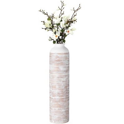 Uniquewise Modern Ribbed Trumpet Style Designed Table Vase for Entryway Dining or Living Room, Ceramic White