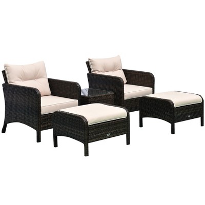 Outsunny 5 Piece Rattan Wicker Lounge Chair, Outdoor Patio Conversation Set with 2 Cushioned Chairs, 2 Ottomans & Tempered Glass Top Coffee Table