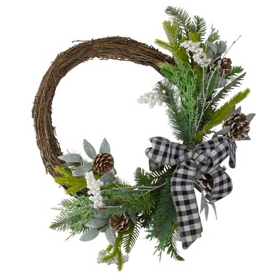 Northlight Plaid Bow and Winter Foliage Artificial Christmas Twig Wreath - 23-inch, Unlit