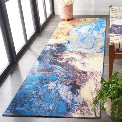 Blue and Rust Abstract Washable Synthetic Runner Rug