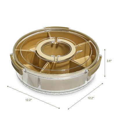 LunaLulinlk Gold round snack box with 6 compartments, lid and handle