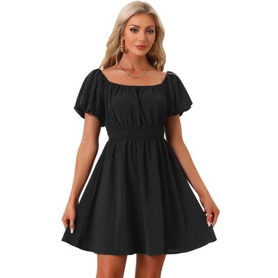 Allegra K Women's Summer Square Neck Puff Short Sleeve Elastic Waist Mini Dress