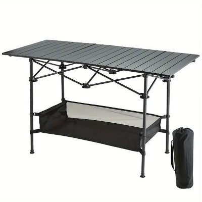 Racxily Portable Oversized Camping Table - Instant-Roll Aluminum Folding Desk, Spacious Lightweight Table w/Quick Setup & Non-Tip Design, Silver