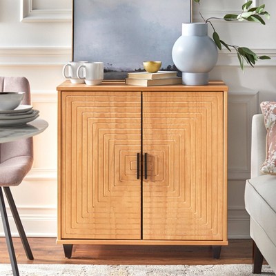 Natural Pine Geometric 2-Door Cabinet with Black Handles