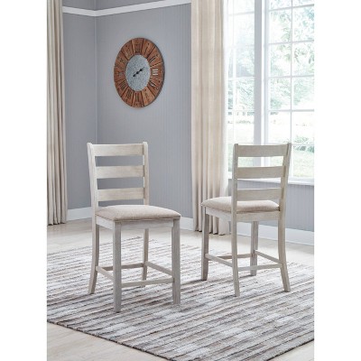 Transitional Ladderback Bar Stool in Distressed White and Light Brown