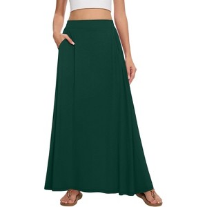 Women's 2025 Maxi A-Line Skirt - Elastic High Waist Flowy Long Skirt with Pockets Dark Green - 1 of 4
