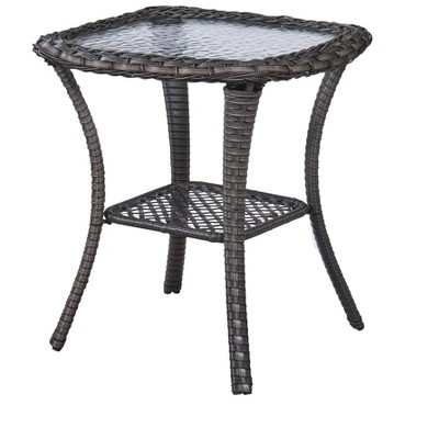 Belord Gray Wicker Rattan Side Table With Built-In Tempered Glass Top Patio End Table