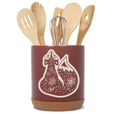 Elanze Designs Kitchen Utensil Holder With Non Slip Cork Base Large 8 Inch Ceramic Storage Crock Forest Animal Countertop Organizer Sly Floral Fox Red