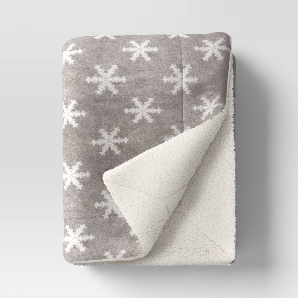 Snowflake Printed Plush Throw Blanket Faux Shearling Reverse Gray/Ivory - Threshold™