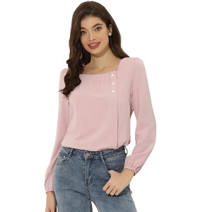 Allegra K Women's Casual Button Decor Long Sleeve Solid Square Neck Blouse - 1 of 4