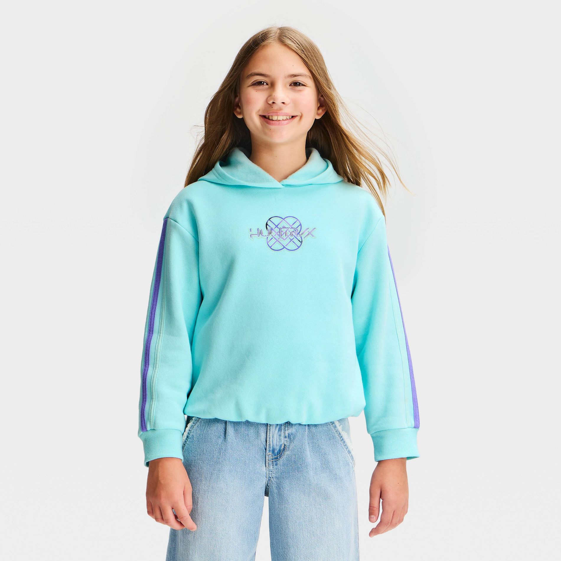Girls' KPop Demon Hunters Huntrix Front and Back Hooded Fleece Sweatshirt - Turquoise Blue/Purple