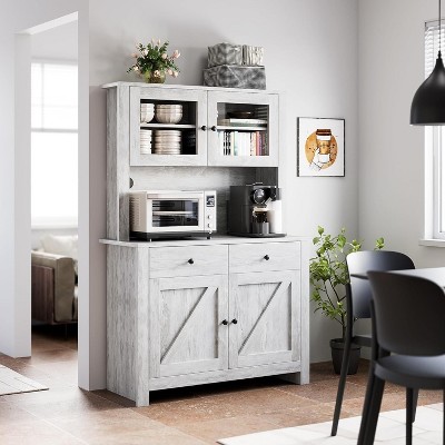 Modern Kitchen Pantry Cabinet with Microwave Stand, Tall Hutch Bar Cabinet with Drawers & Adjustable Shelves, Large Wood Storage for Dining Room