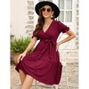 Maternity V Neck Swiss Dot Dress Summer Casual Short Sleeve Flowy Midi Dress Belt Photoshoot Baby Shower Wine Red M - 3 of 4