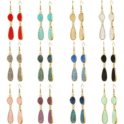 12 Pairs Faux Druzy Drop Earrings Crystal Pendant Dangle Multicolor Stainless Steel Earrings for Women