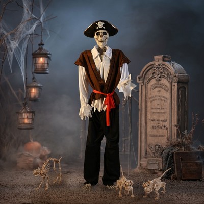 Yescom 5.4 Ft Pirate Captain Skeleton w/ 2 Pcs Dachshund Dog & 1 Pcs Cat Skeleton Props Party Decoration 2025 Brown