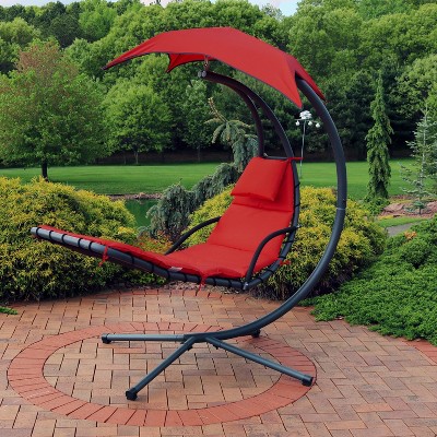 Red Steel Outdoor Hanging Chaise Lounge Chair with Canopy