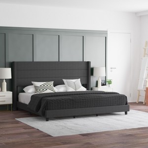 Emma and Oliver Modern Channel Stitched Upholstered Platform Bed with Wingback Headboard and Wooden Support Slats; No Box Spring Needed - 1 of 4