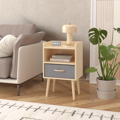 Racxily 2-Tier Storage End Table - Oak Wood Nightstand with Collapsible Fabric Drawer, Sturdy 2-Tier Side Table, 40LBS Capacity, Kids/Adults Use