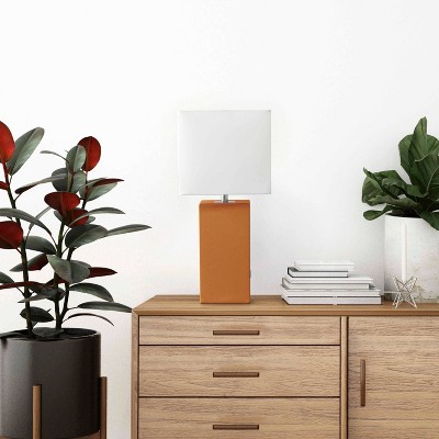 21" Tan Faux Leather Base Modern Nightstand Lamp with USB Port