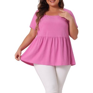 Agnes Orinda Women's Plus Size Square Neck Short Sleeve Ribbed Textured Peplum Babydoll Blouses - 1 of 4
