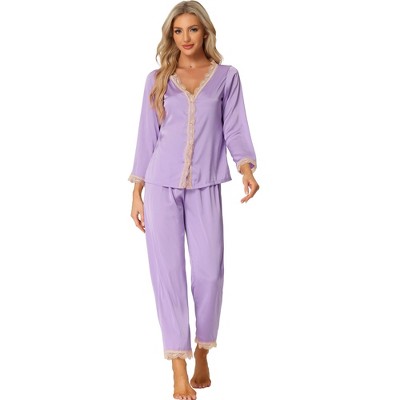 Cheibear Women's Satin Lounge Sleepwear Night Suits V Neck Lace Trim ...