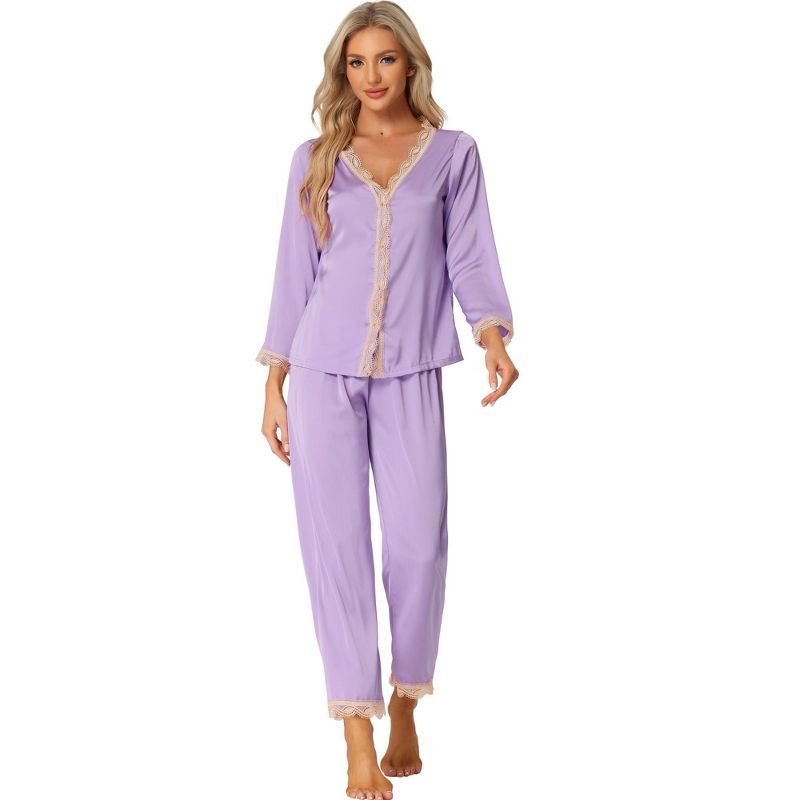 cheibear Women's Satin Lounge Sleepwear Night Suits V Neck Lace Trim Pajama Sets, 1 of 6