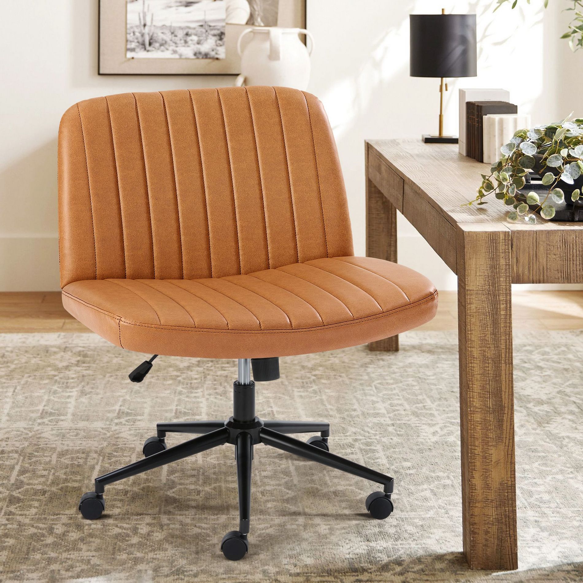 JIONJOY Criss Cross Armless Cross Legged Office Desk Chair, Adjustable Height 360°Swivel Wide Seat Ergonomic Chair for Home Office Vanity