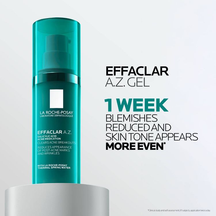 Teal colored bottle of La Roche-Posay Effaclar A.Z. Gel with text highlighting its benefits in reducing blemishes and evening skin tone in one week.