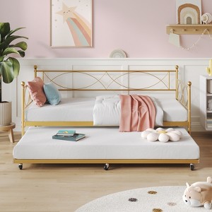 Metal Twin Daybed with Trundle, Arched Headboard, Gold/Pink/Purple, Steel Frame, No Box Spring Needed - 1 of 4