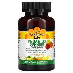 Country Life Vegan D3 Gummies, Lemon, Strawberry & Orange Flavors, 25 mcg (1,000 IU), 60 Gummies - 1 of 4