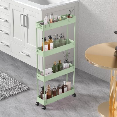 Acoinel Slim Rolling Storage Cart 4 Tier Bathroom Organizer Cart Mobile Shelving Unit Slide Out Utility Cart for Kitchen