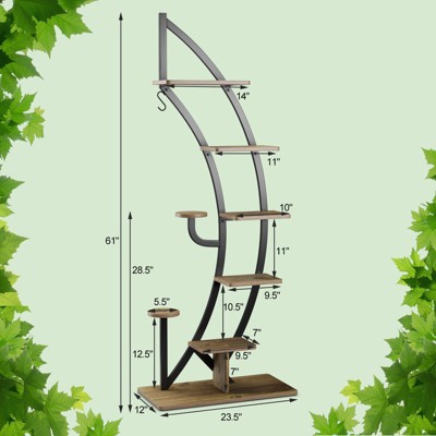 Curved Black Metal and Wood 6-Tier Plant Stand with Hook