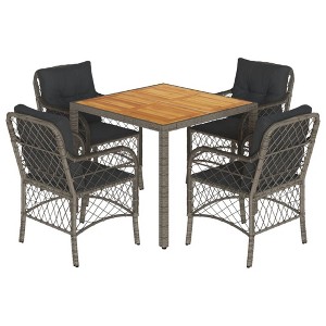 vidaXL 5 Piece Patio Dining Set - Gray Poly Rattan with Cushions - Acacia Wood Table - Ideal for Garden, Backyard, Patio - Removable Covers - 1 of 4