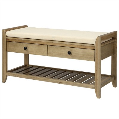 OUTSUPPLY Wooden Shoe Bench with Cushion & Drawers, Entryway Storage, Sliding Drawers & Shoe Rack, Easy Assembly