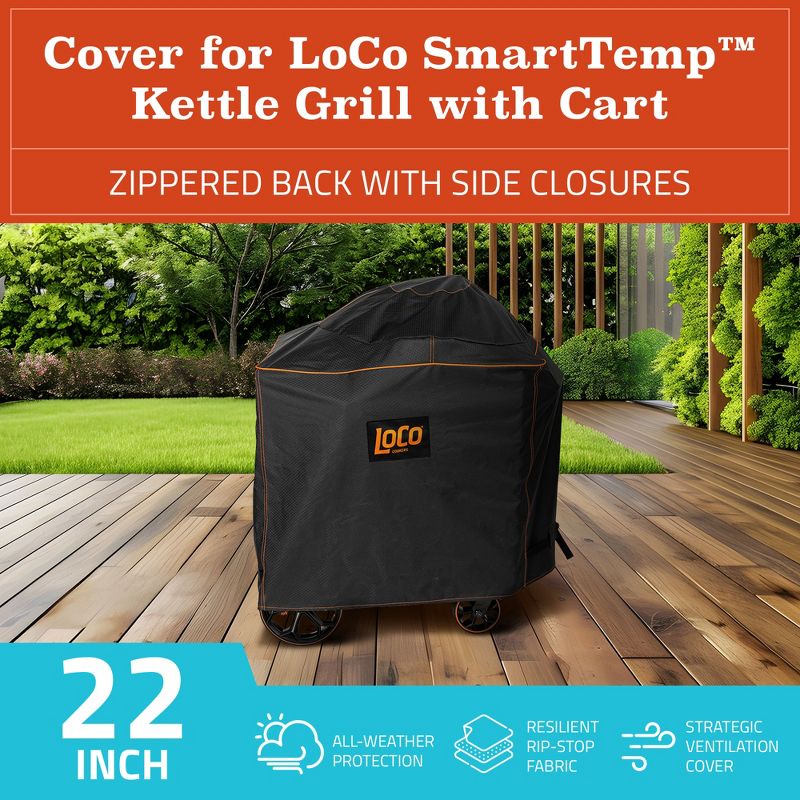 Loco Cookers 22 Inch Kettle Grill Cover with SmartTemp, Zippered Back, Ventilation Pockets, and Cart for Patio, Lawn, and Garden, Black, 2 of 7