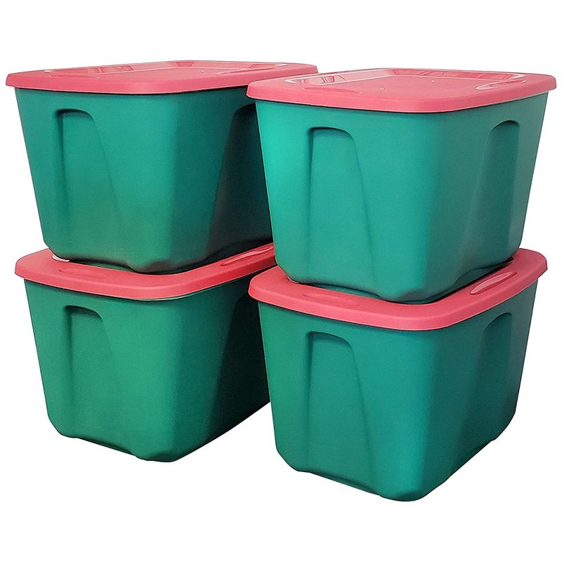 HOMZ 6618MXDC.04 18 Gallon Stackable and Nestable Heavy Duty Plastic Holiday Storage Container with 4 Way Handles, Green/Red, (4 Pack), 2 of 7