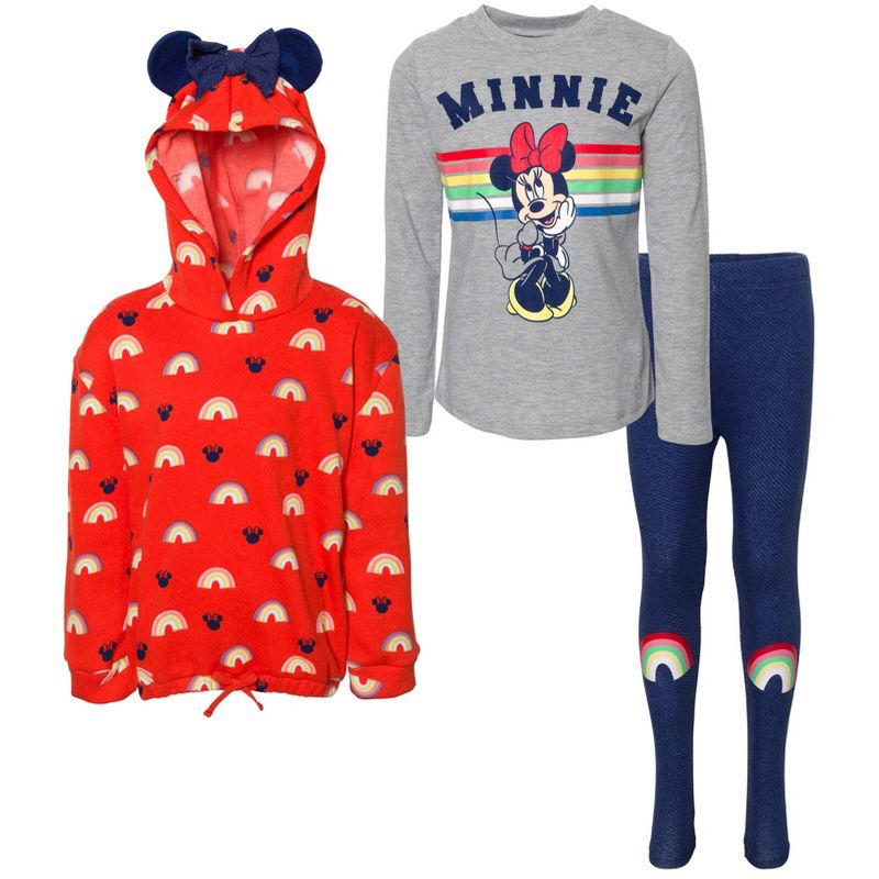 Mickey Mouse & Friends Minnie Mouse Girls Pullover Fleece Hoodie T-Shirt and Leggings 3 Piece Outfit Set Toddler, 1 of 8
