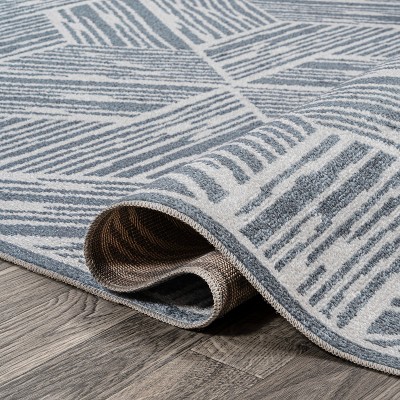 Blue and Cream Geometric Machine-Washable 4' x 6' Area Rug
