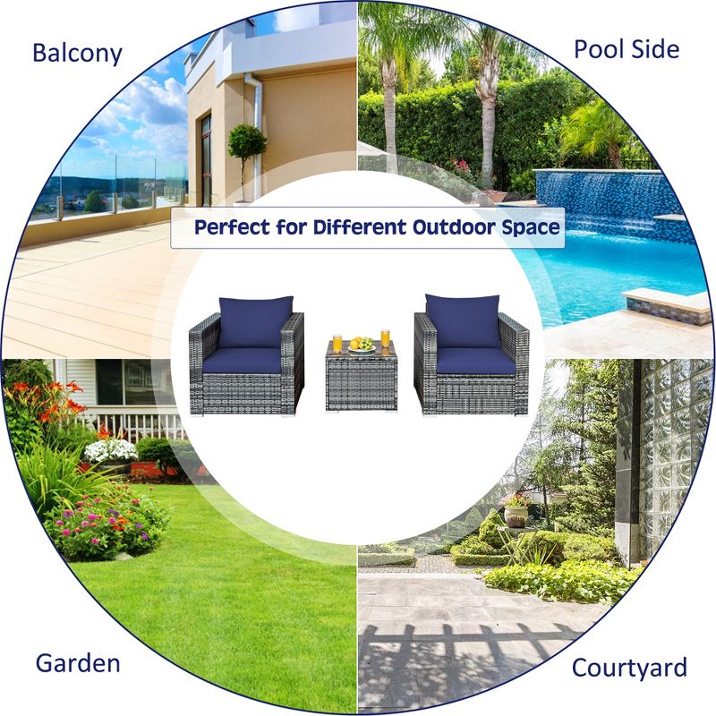 Costway 3 PC Patio Rattan Furniture Bistro Set Cushioned Sofa Chair Table White\Navy, 4 of 11