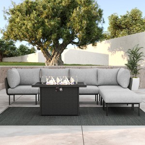 LayinSun 7 Pieces Rope Woven Patio Furniture Set, Modern Modular Sectional Sofa with Fire Pit Table and Upgrade Thickness Cushion - 1 of 4