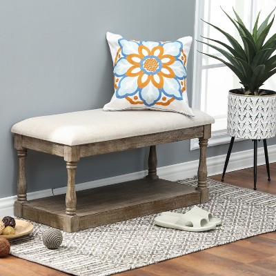 Beige Linen Upholstered Bench with Storage Shelf