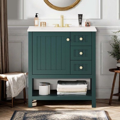 NicBex 30" Bathroom Vanity with Resin Sink, Bathroom Cabinet Storage with 1 Spacious Cabinet, 2 Drawers, and 1 Open Shelf for Bathroom, Green