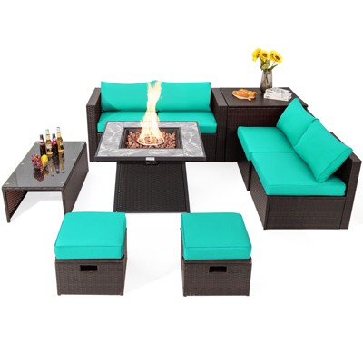 Tangkula 9 Pieces Outdoor Patio Furniture Set with 35" Propane Fire Pit Table Wicker Sectional Sofa Set w/ Storage Box Black/Gray/Navy/Red/Turquoise/Off White