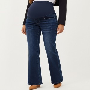 Anna-Kaci Women's Maternity Flare Jeans with Full Over Belly Panel and Classic Denim Wash - 1 of 4