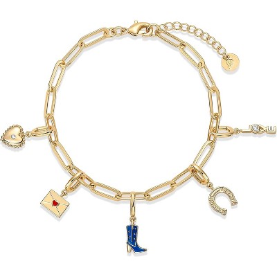 14K Gold Plated Adjustable Bracelet for Women | Twisted Bar & Paperclip Charm Chain Bracelets with Moon, Evil Eye